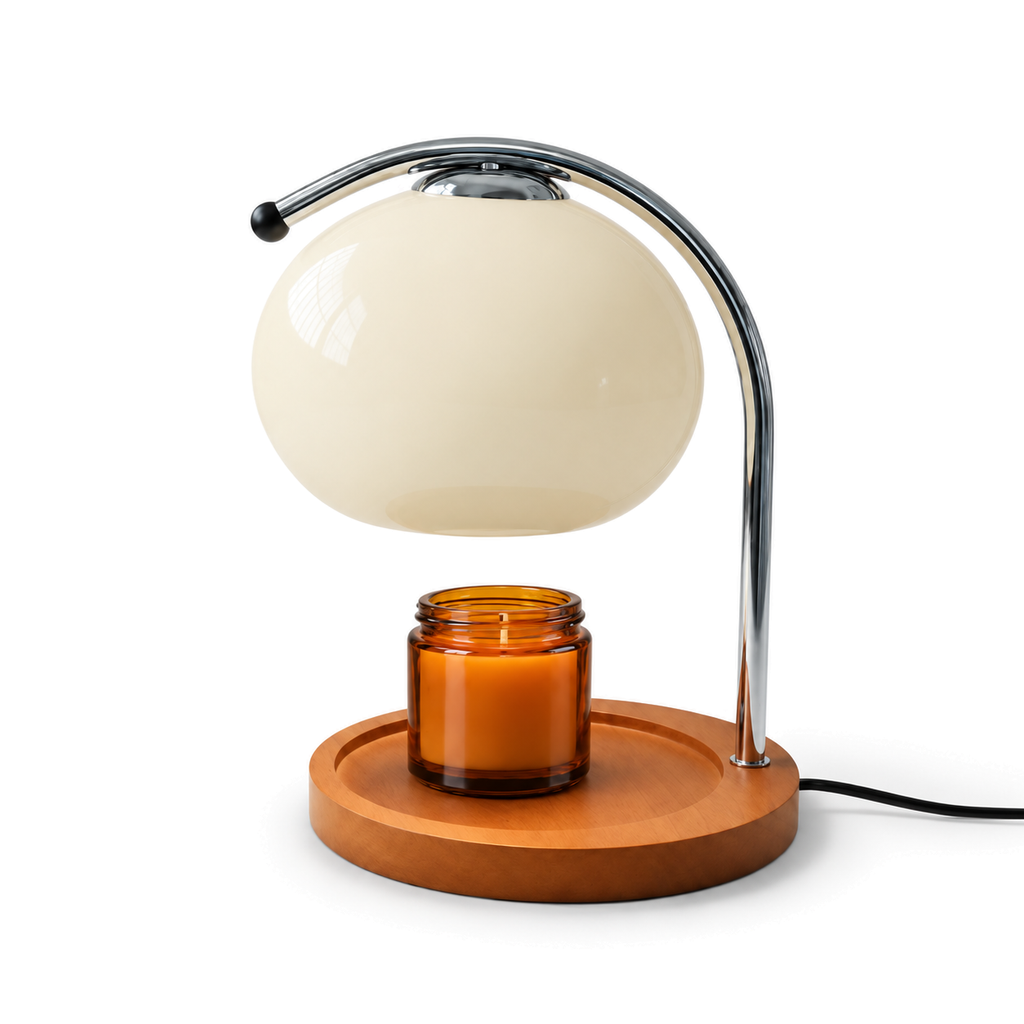 Retro Glass Candle Warmer Lamp | Dimmable Dome Shade, Wood Base, Milky White, Orange or Yellow