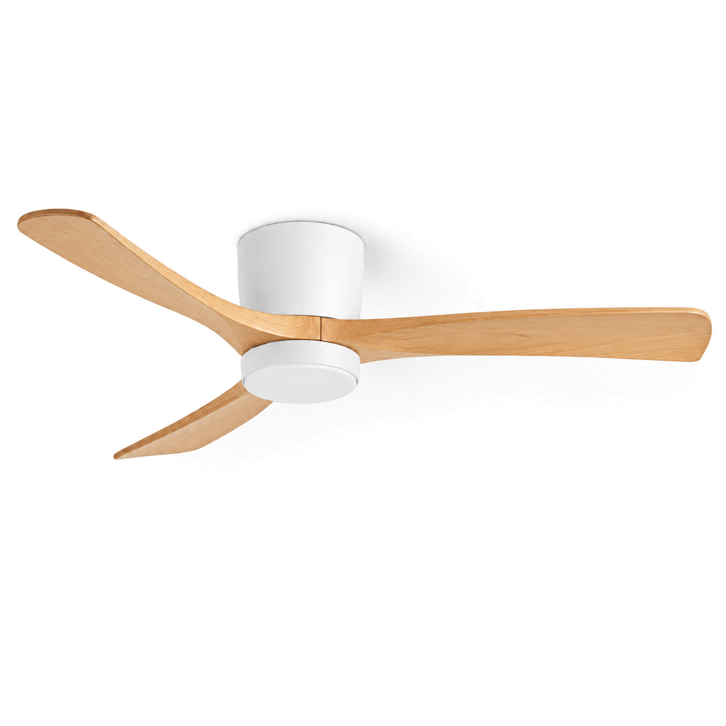 Low Profile Ceiling Fan with Light | 3 Wooden Blades, Remote, 108 or 132 cm, Black or White