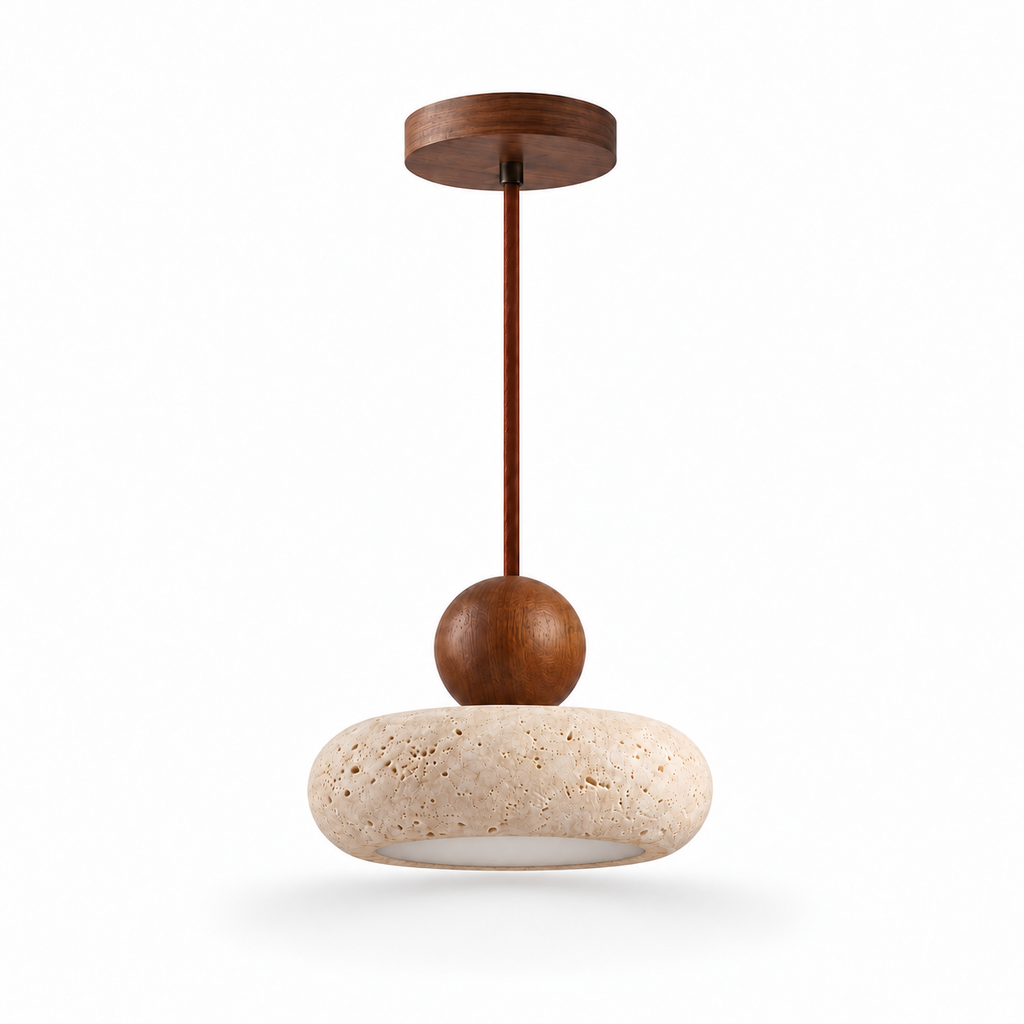 Travertine Donut Pendant Light | Natural Stone 15cm, Walnut or Light Wood, Wabi Sabi