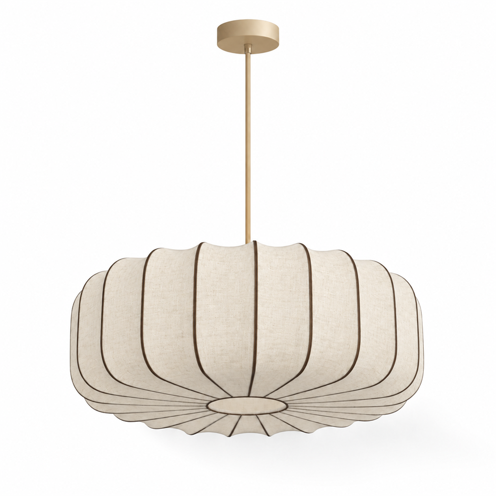 Fluted Silk Pendant Light | Scalloped Hem & Oak Canopy, 40 cm, Bedroom Ceiling Lamp