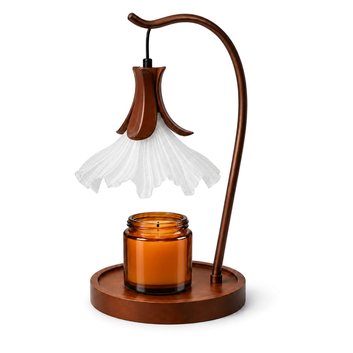 Flower Candle Warmer Lamp | Petal Shade, Curved Arm, Wood Base, 3-Colour Light, 36 cm, UK Plug