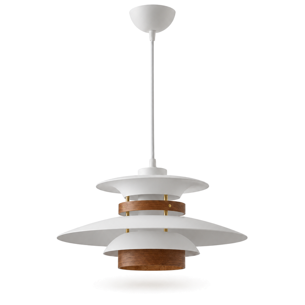Layered Pendant Light | Danish-Style Tiers with Wood Bands, 35 or 42 cm, White, Cream or Black