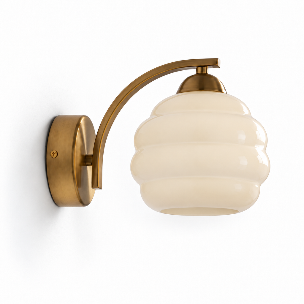 Beehive Glass Wall Light | Cream or White Ribbed Opal Shade, Bronze Arm, Pull Switch Option