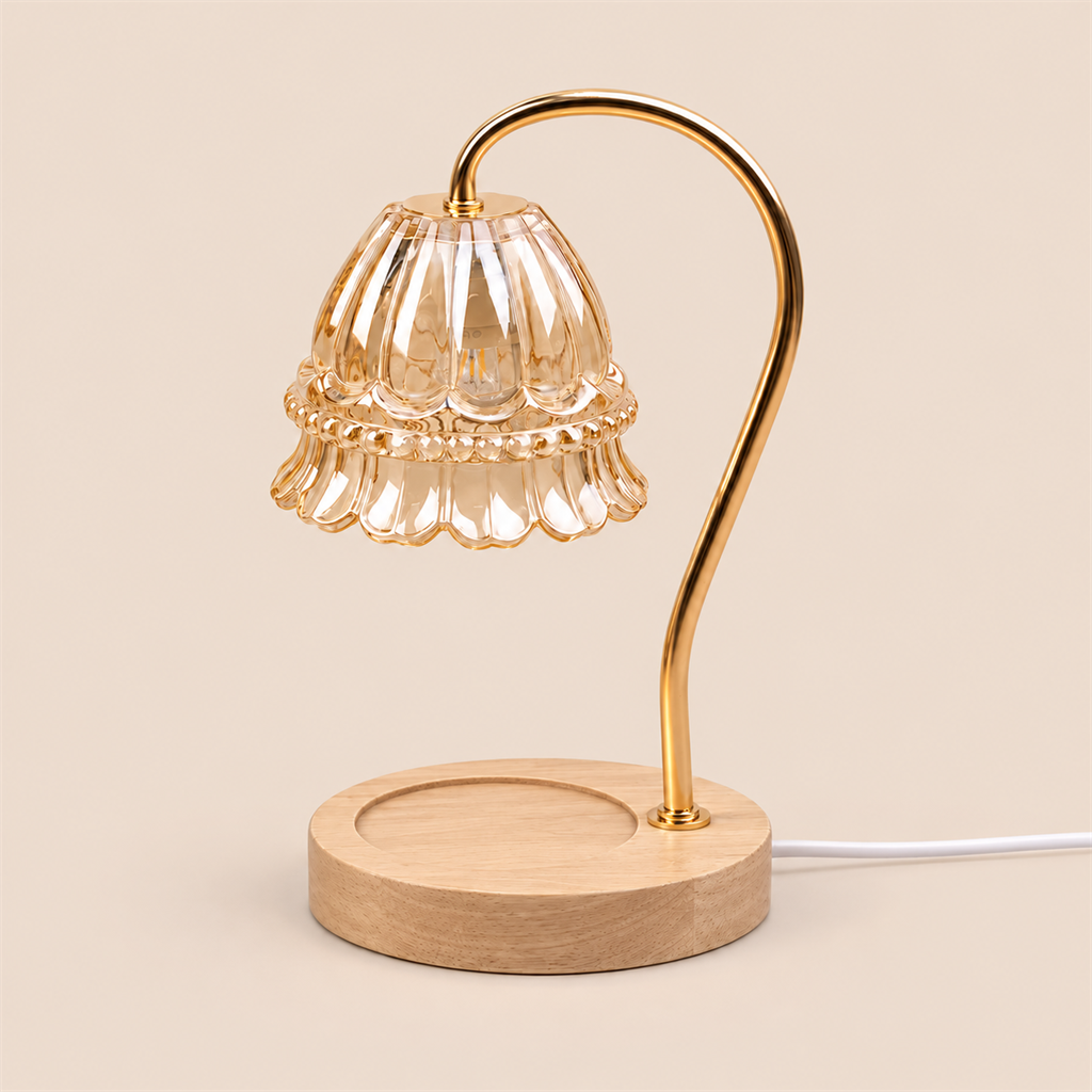 Flower Glass Candle Warmer Lamp | Brass Arm & Wood Base, 5 Shade Colours
