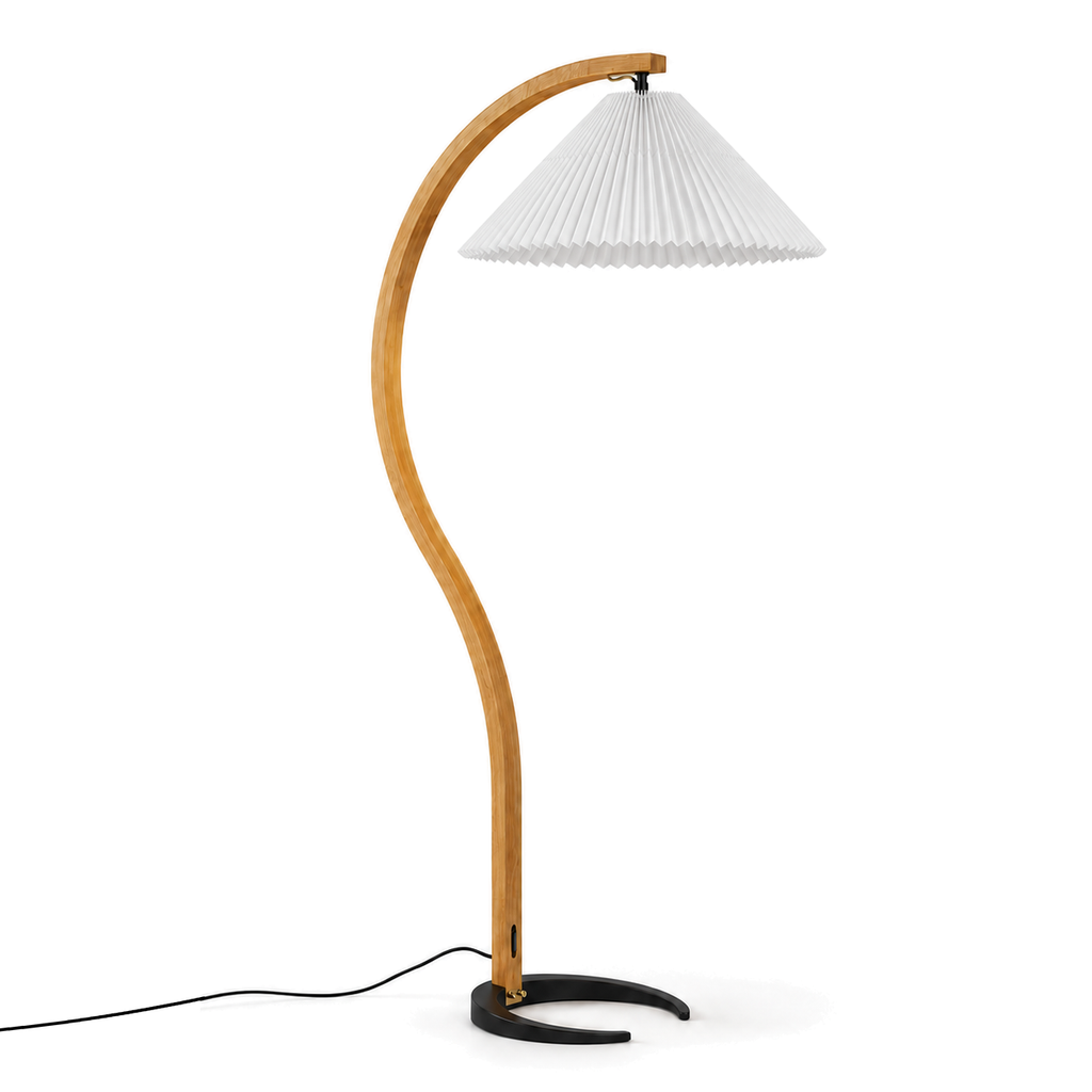 Pleated Arc Floor Lamp | Curved Beech Wood, 150 cm, White, Beige or Coffee Shade, Bulb Included