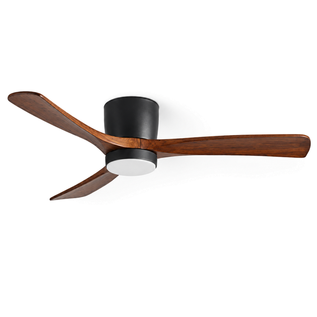 Low Profile Ceiling Fan with Light | 3 Wooden Blades, Remote, 108 or 132 cm, Black or White