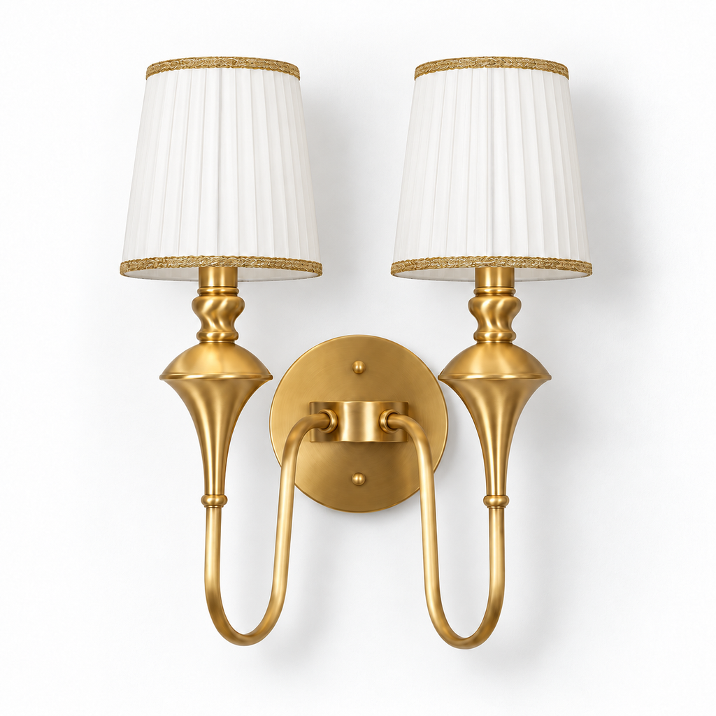 Brass Double Wall Light | Pleated Fabric Shades with Braided Trim, Twin E14, 38 x 46 cm