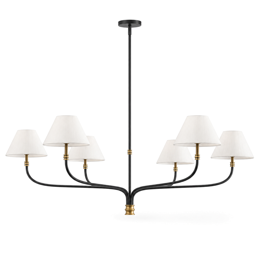 Black & Brass Chandelier | White Fabric Shades, 2 or 6 Arms, 130 cm Wide, Adjustable Rod