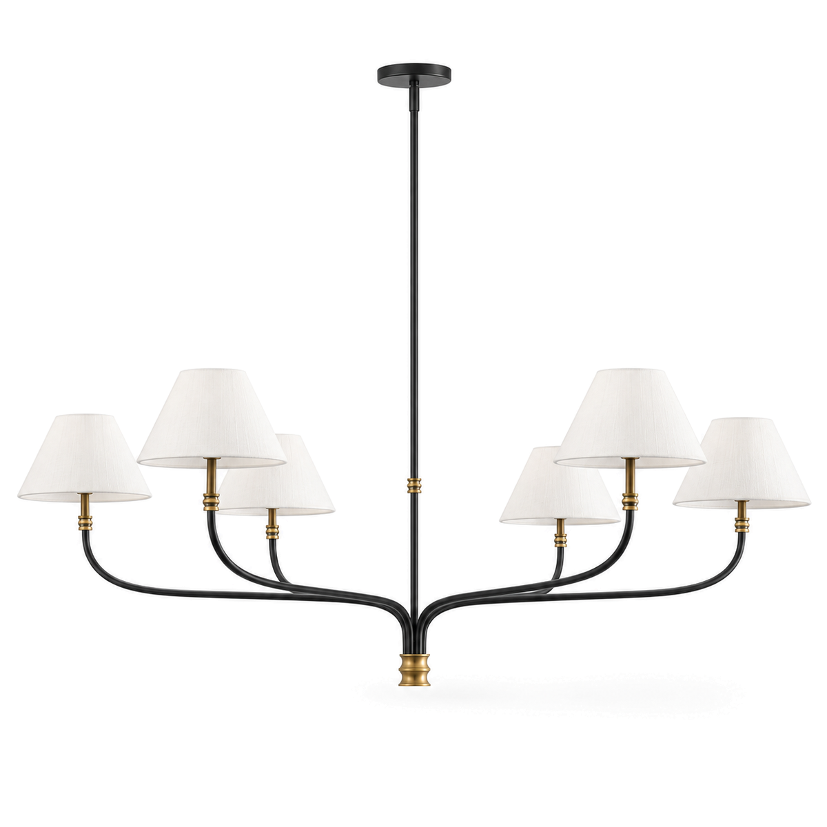 Black & Brass Chandelier | White Fabric Shades, 2 or 6 Arms, 130 cm Wide, Adjustable Rod