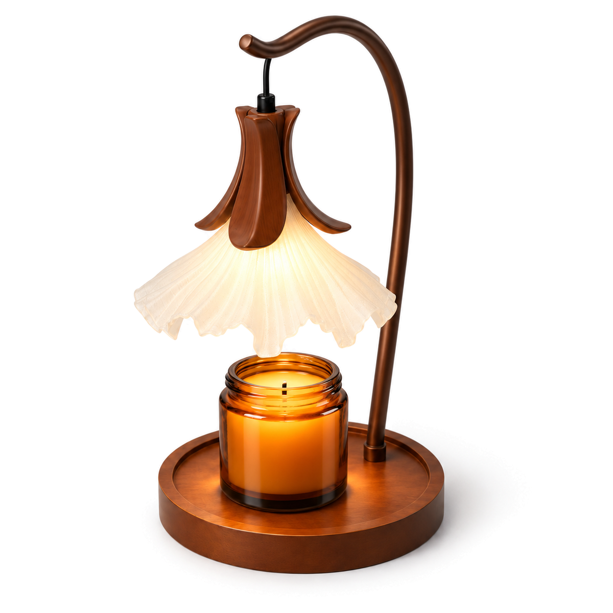Flower Candle Warmer Lamp | Petal Shade, Curved Arm, Wood Base, 3-Colour Light, 36 cm, UK Plug