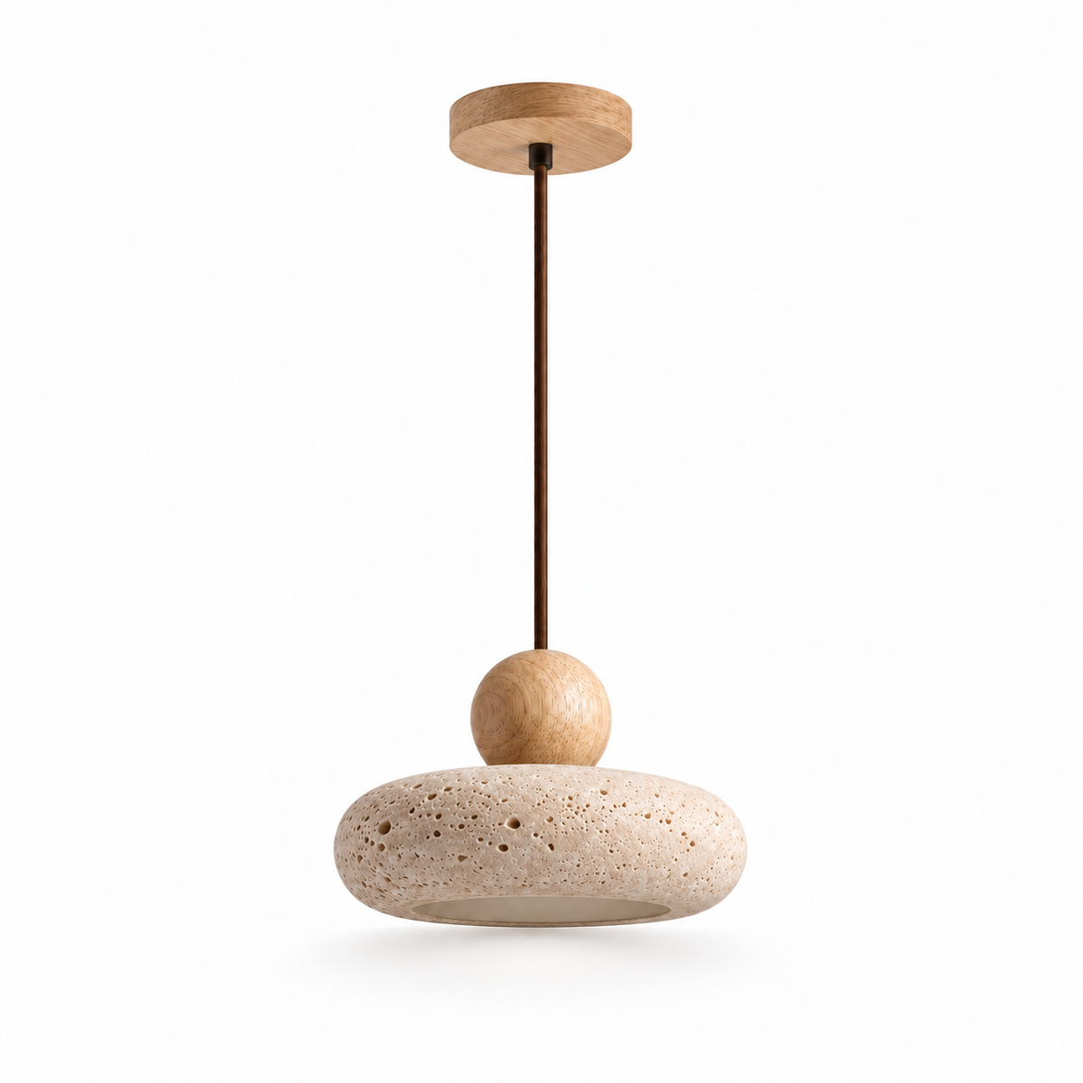 Travertine Donut Pendant Light | Natural Stone 15cm, Walnut or Light Wood, Wabi Sabi