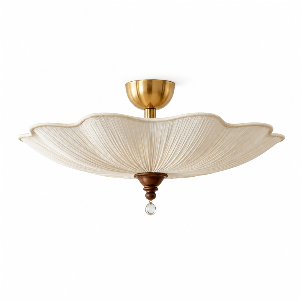 Pleated Scalloped Ceiling Light | Triple Semi-Flush Fabric Shade, 50/60 cm, Bedroom