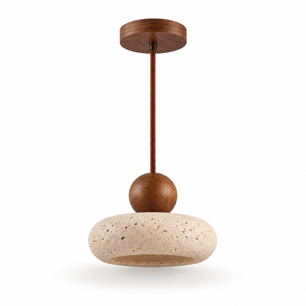 Travertine Donut Pendant Light | Natural Stone 15cm, Walnut or Light Wood, Wabi Sabi