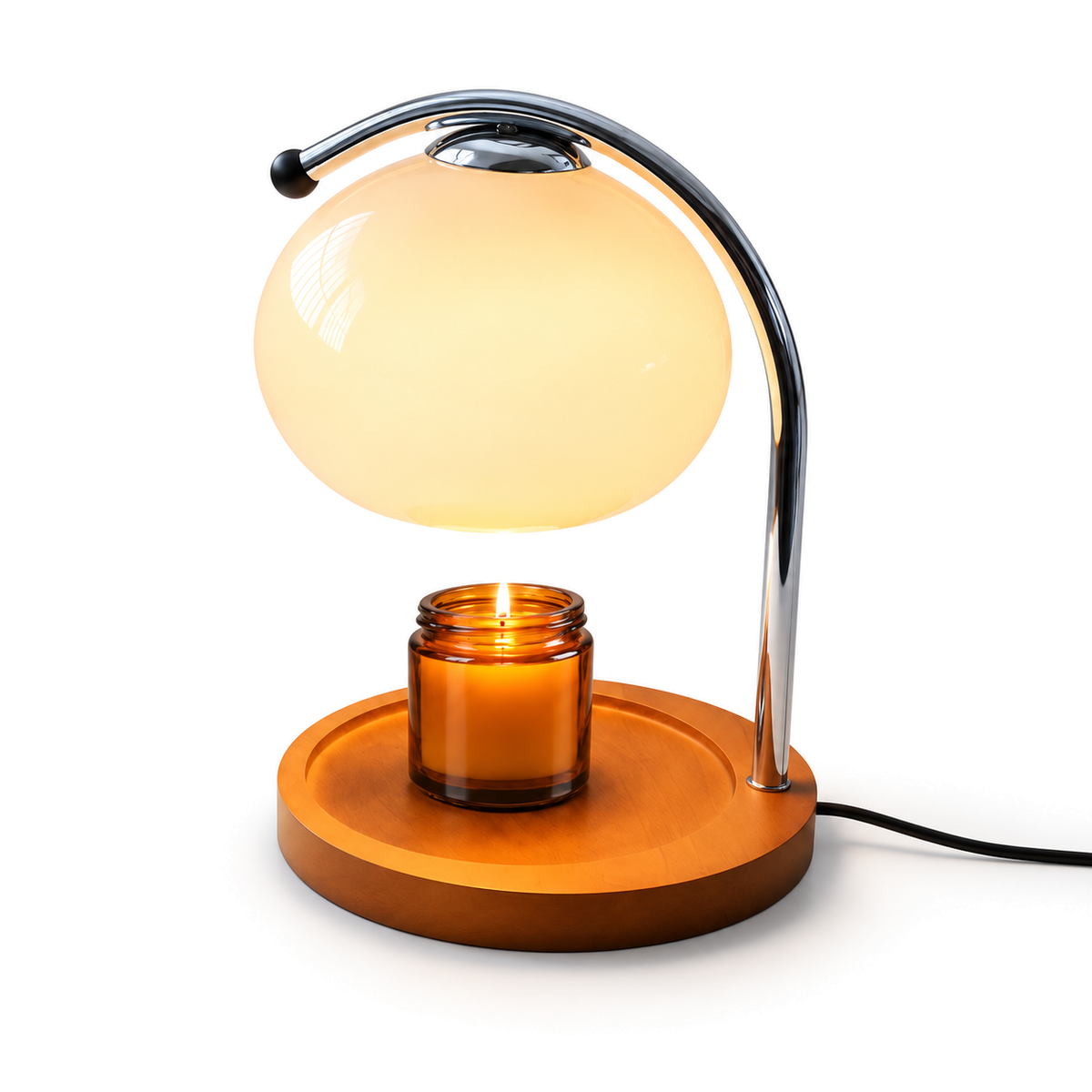 Retro Glass Candle Warmer Lamp | Dimmable Dome Shade, Wood Base, Milky White, Orange or Yellow