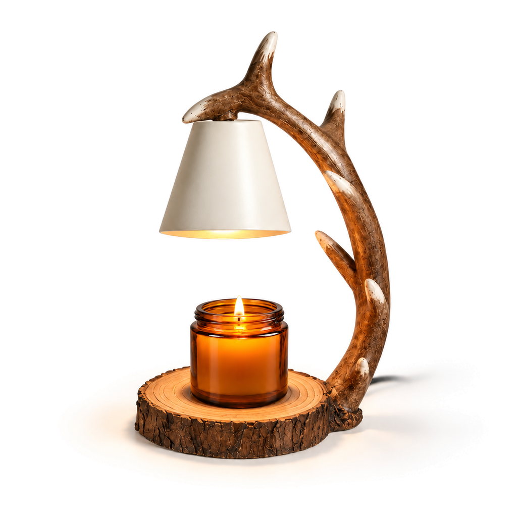 Antler Candle Warmer Lamp | Resin Antler Arm, Log Slice Base, Timer & Dimmer, UK Plug, Gift