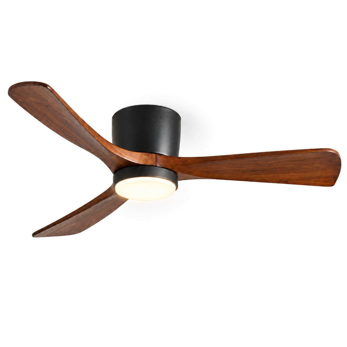 Low Profile Ceiling Fan with Light | 3 Wooden Blades, Remote, 108 or 132 cm, Black or White