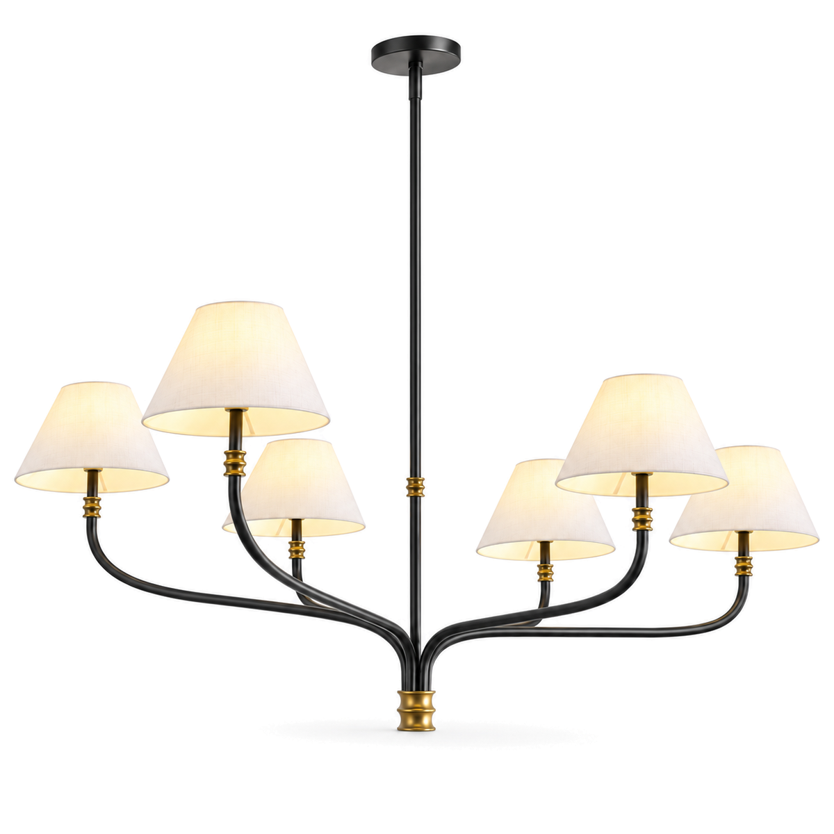 Black & Brass Chandelier | White Fabric Shades, 2 or 6 Arms, 130 cm Wide, Adjustable Rod