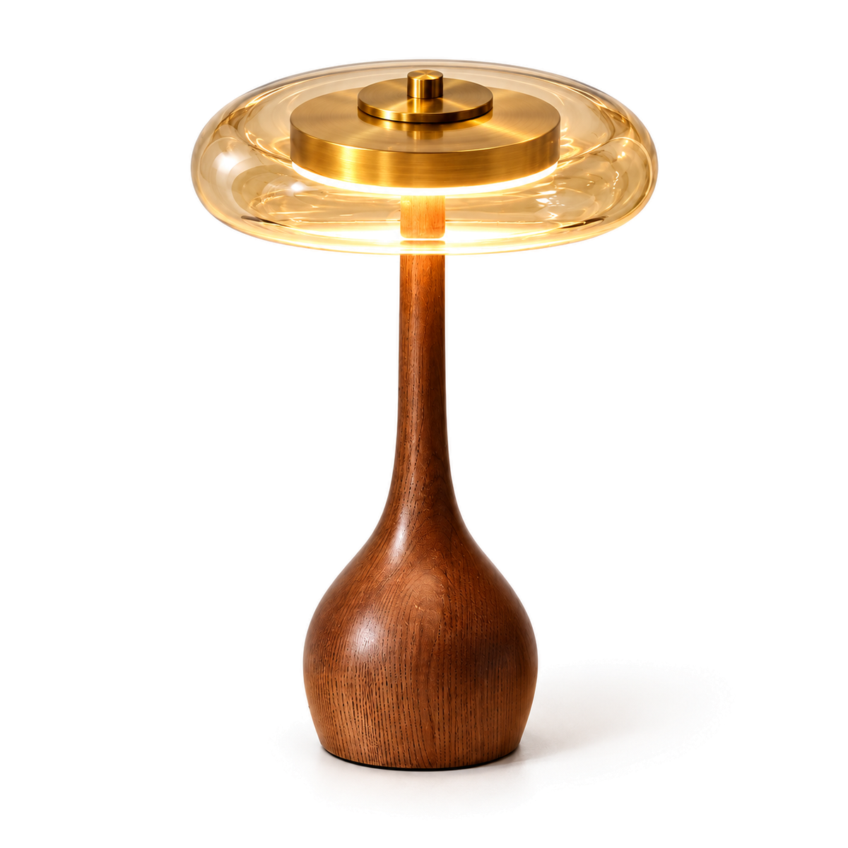 Amber Glass Table Lamp | Teardrop Wood Base & Brass Cap, 22 cm Shade, 24.5 or 31.5 cm Tall