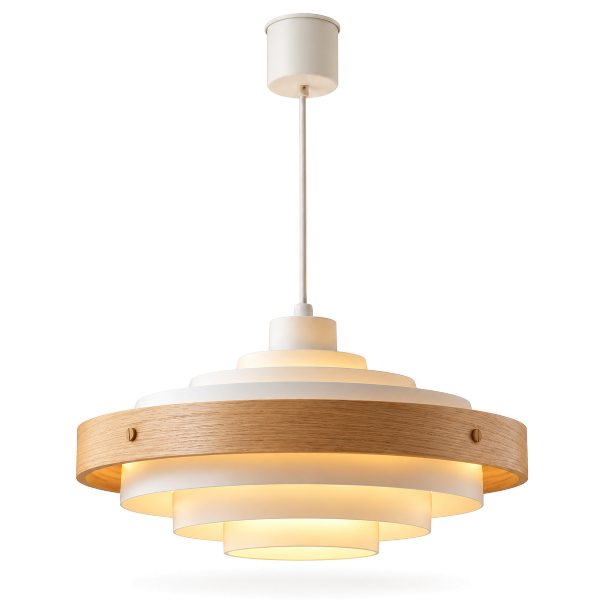Tiered Pendant Light | Stepped Metal Shade with Wood Band, 40 cm, Walnut or Oak, Black or White