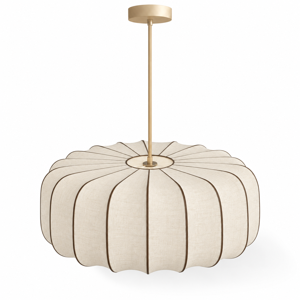 Fluted Silk Pendant Light | Scalloped Hem & Oak Canopy, 40 cm, Bedroom Ceiling Lamp
