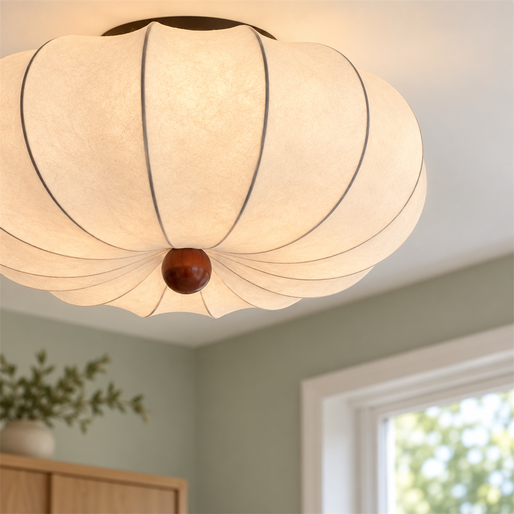 Ribbed Silk Ceiling Light | Japandi Semi-Flush Shade, 40-60 cm, Bedroom Fixture