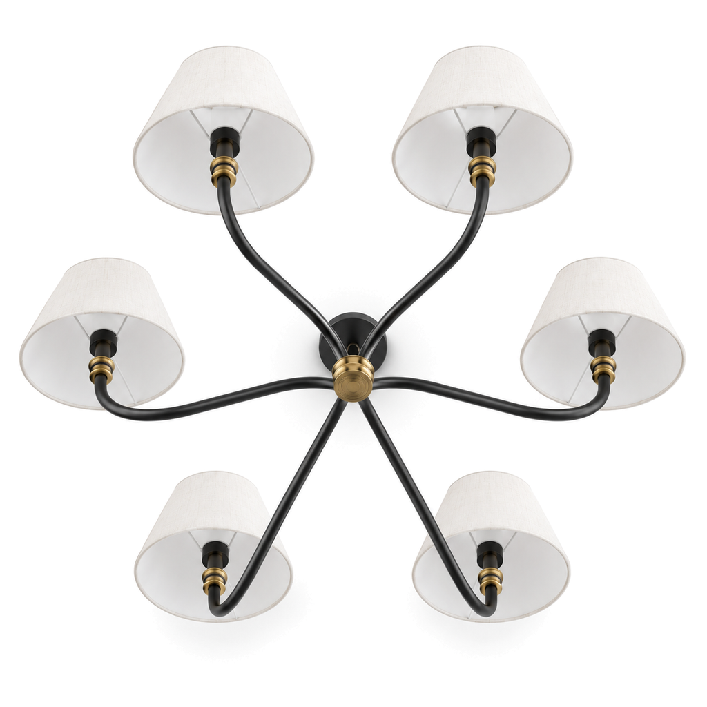 Black & Brass Chandelier | White Fabric Shades, 2 or 6 Arms, 130 cm Wide, Adjustable Rod