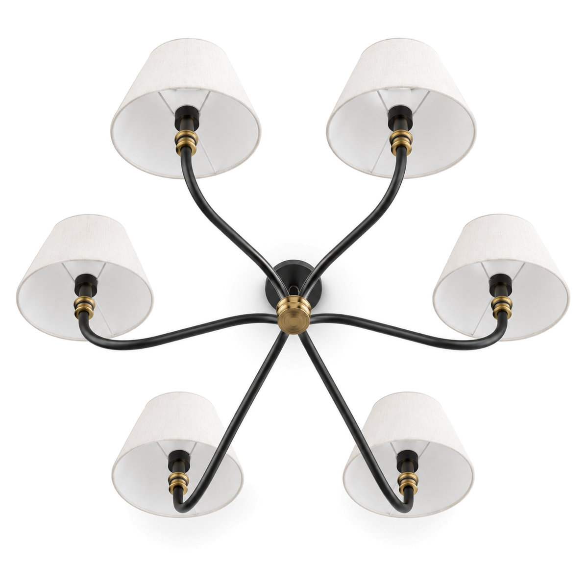 Black & Brass Chandelier | White Fabric Shades, 2 or 6 Arms, 130 cm Wide, Adjustable Rod