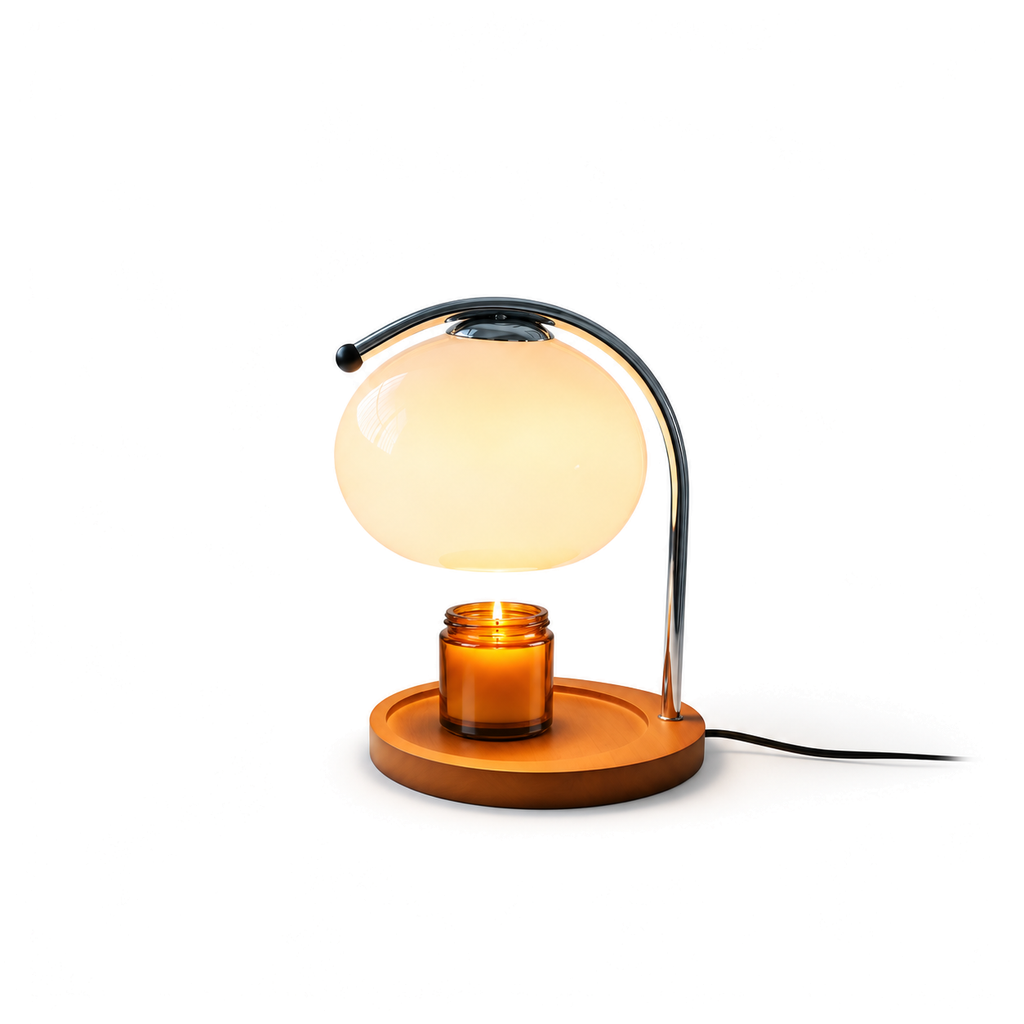Retro Glass Candle Warmer Lamp | Dimmable Dome Shade, Wood Base, Milky White, Orange or Yellow