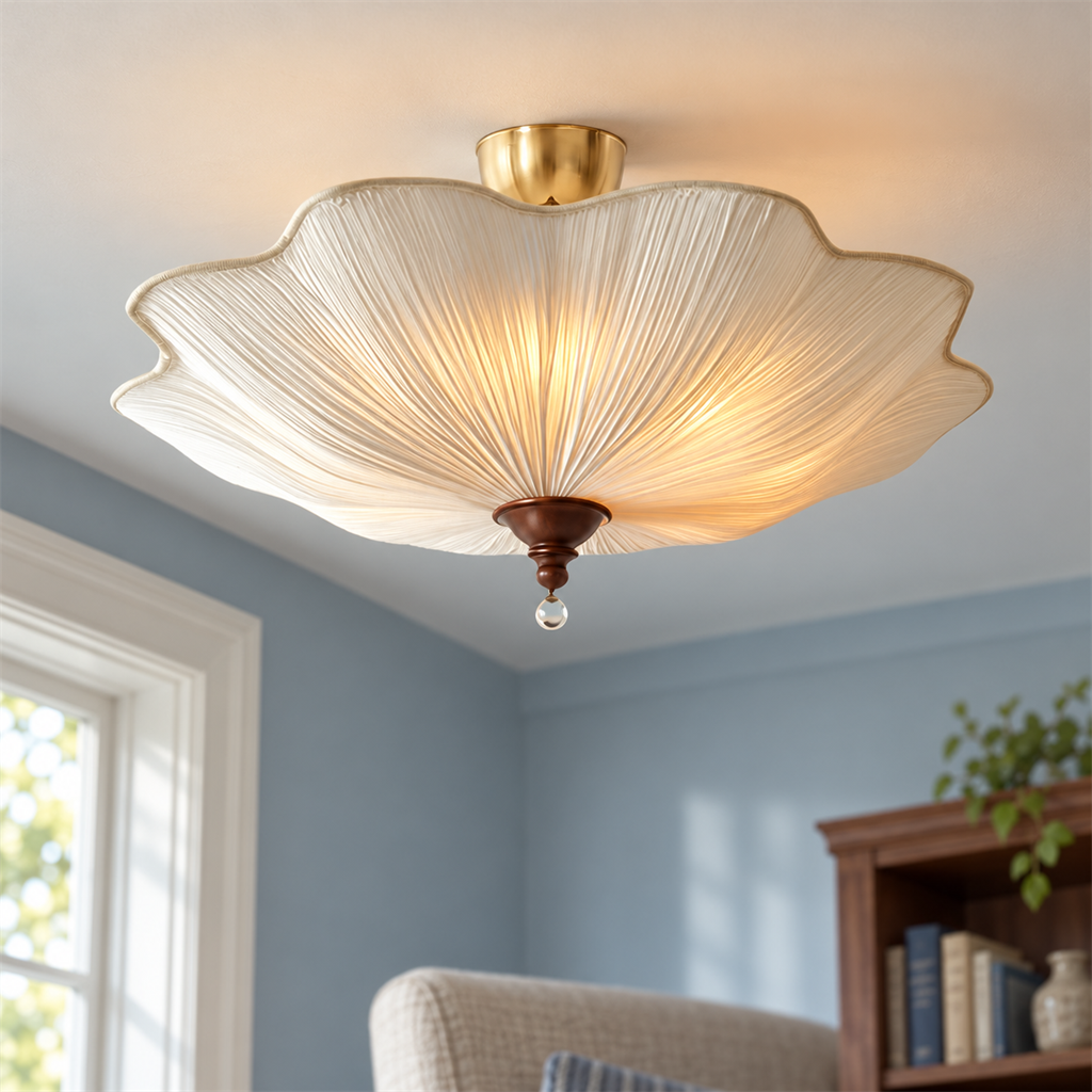 Pleated Scalloped Ceiling Light | Triple Semi-Flush Fabric Shade, 50/60 cm, Bedroom
