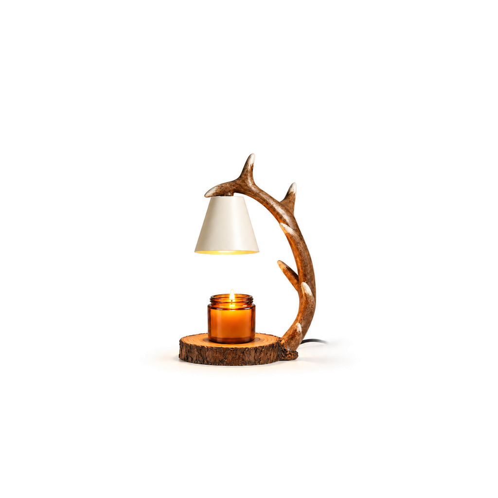 Antler Candle Warmer Lamp | Resin Antler Arm, Log Slice Base, Timer & Dimmer, UK Plug, Gift