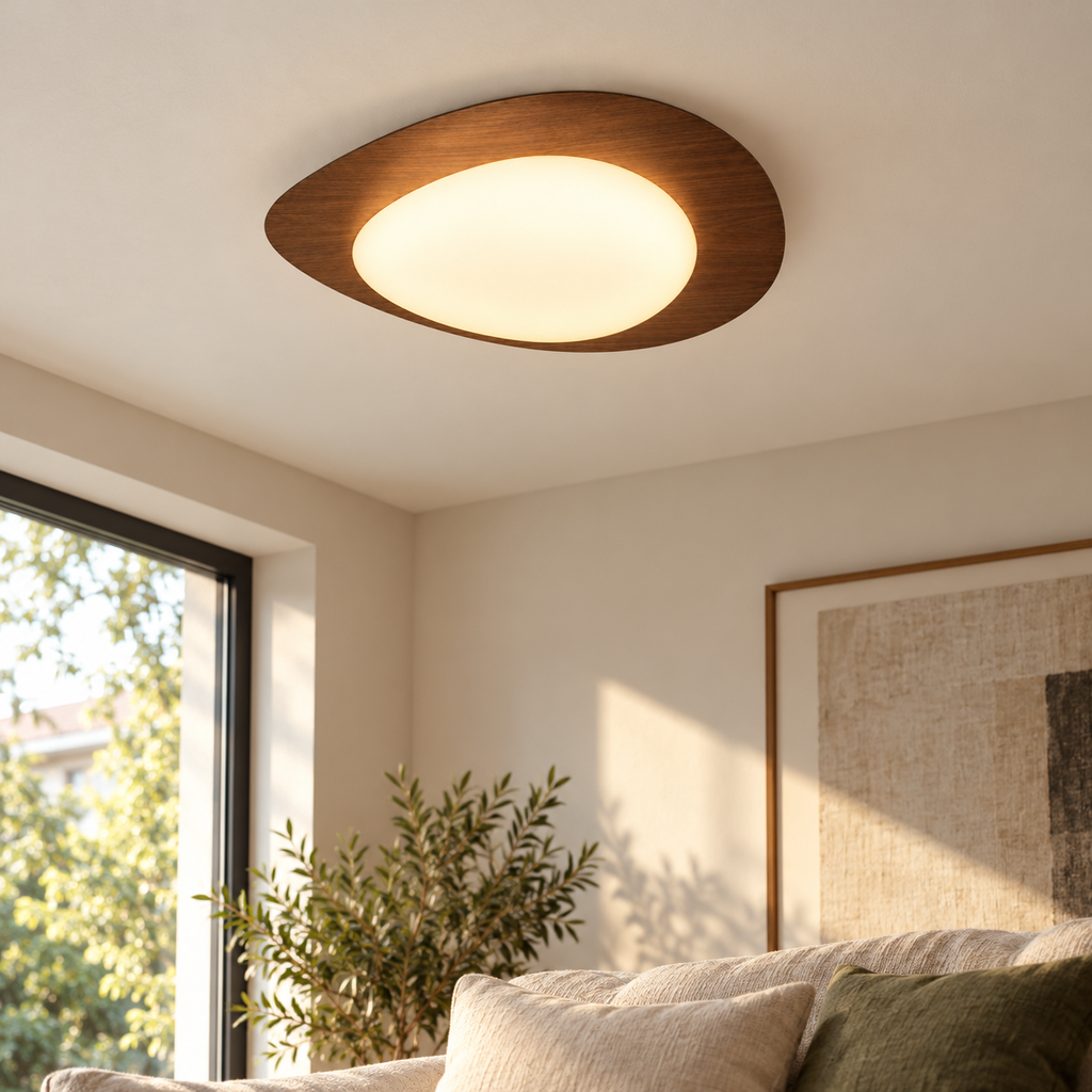 Pebble Ceiling Light | Wood or Walnut Flush Mount, 38/48 cm, Organic LED Shape