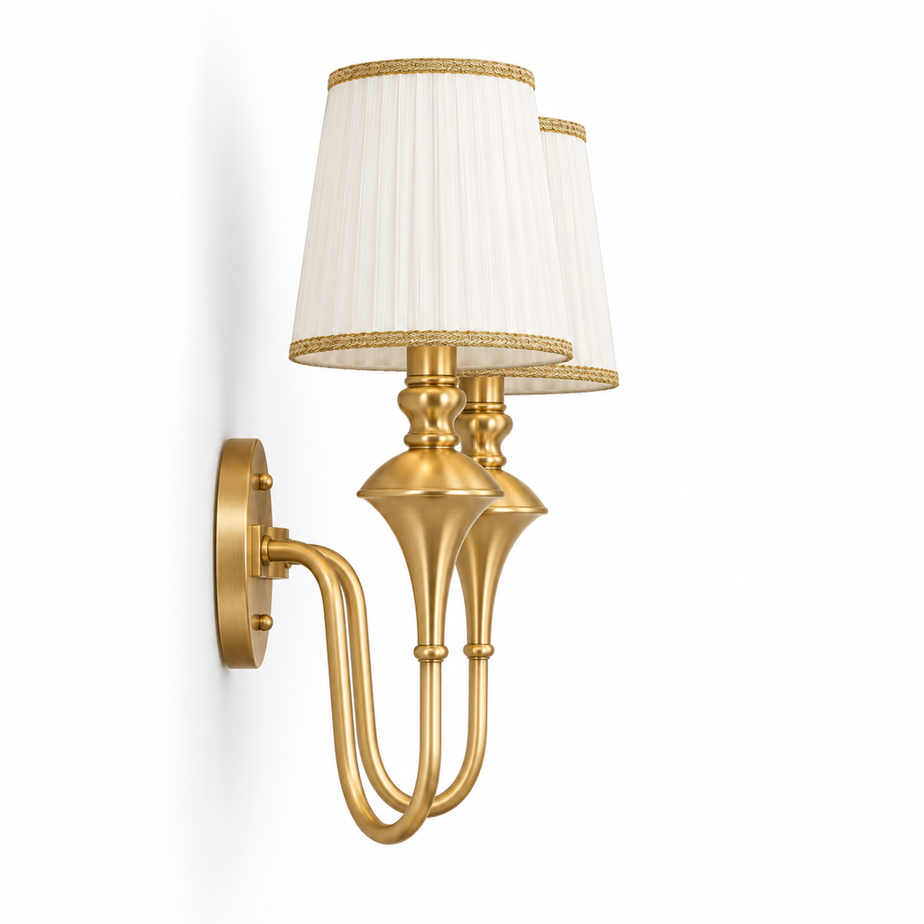 Brass Double Wall Light | Pleated Fabric Shades with Braided Trim, Twin E14, 38 x 46 cm