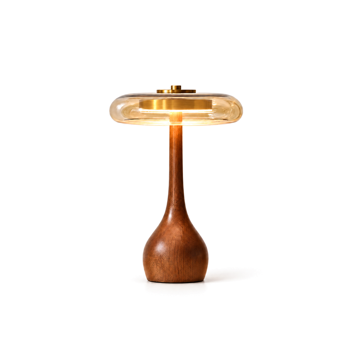 Amber Glass Table Lamp | Teardrop Wood Base & Brass Cap, 22 cm Shade, 24.5 or 31.5 cm Tall