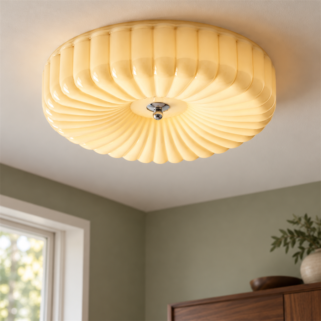 Ribbed Glass Ceiling Light | White or Cream Flush Mount, 30/40 cm, Hallway