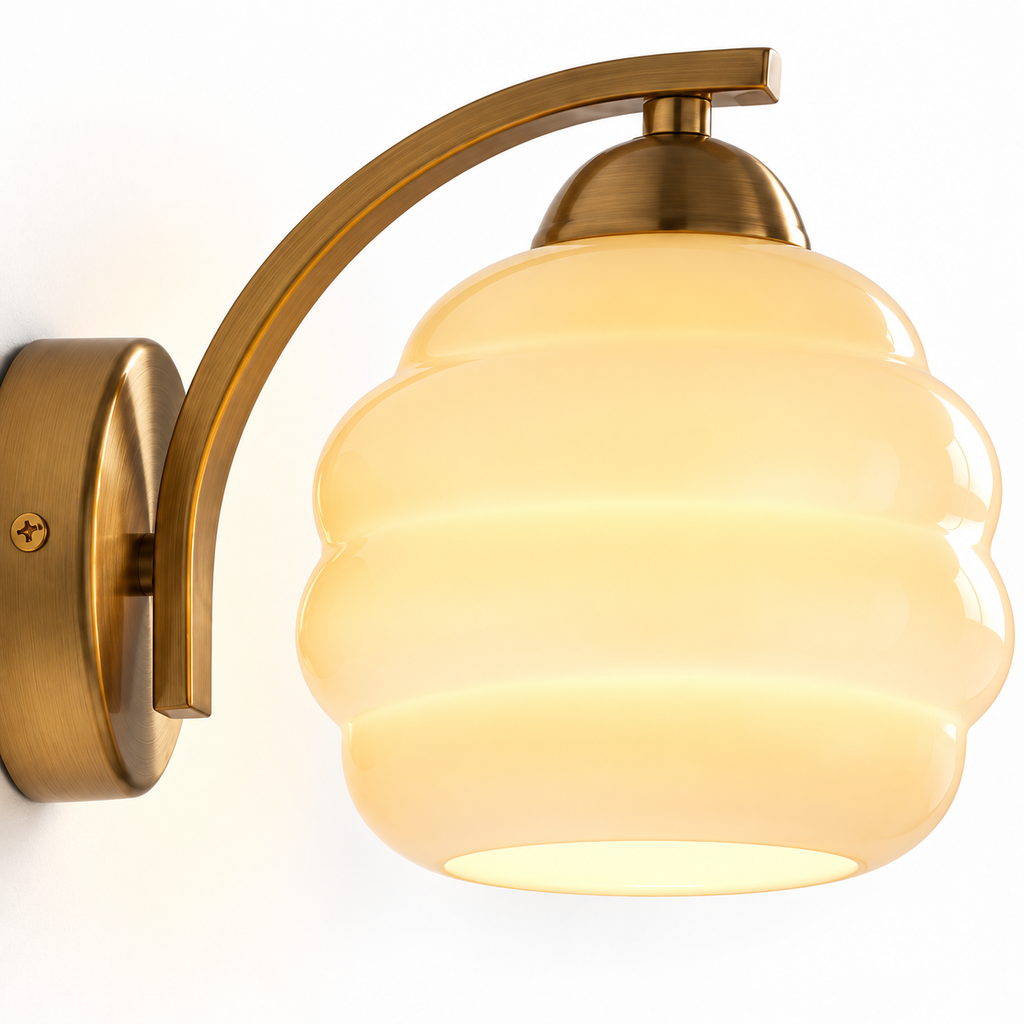 Beehive Glass Wall Light | Cream or White Ribbed Opal Shade, Bronze Arm, Pull Switch Option