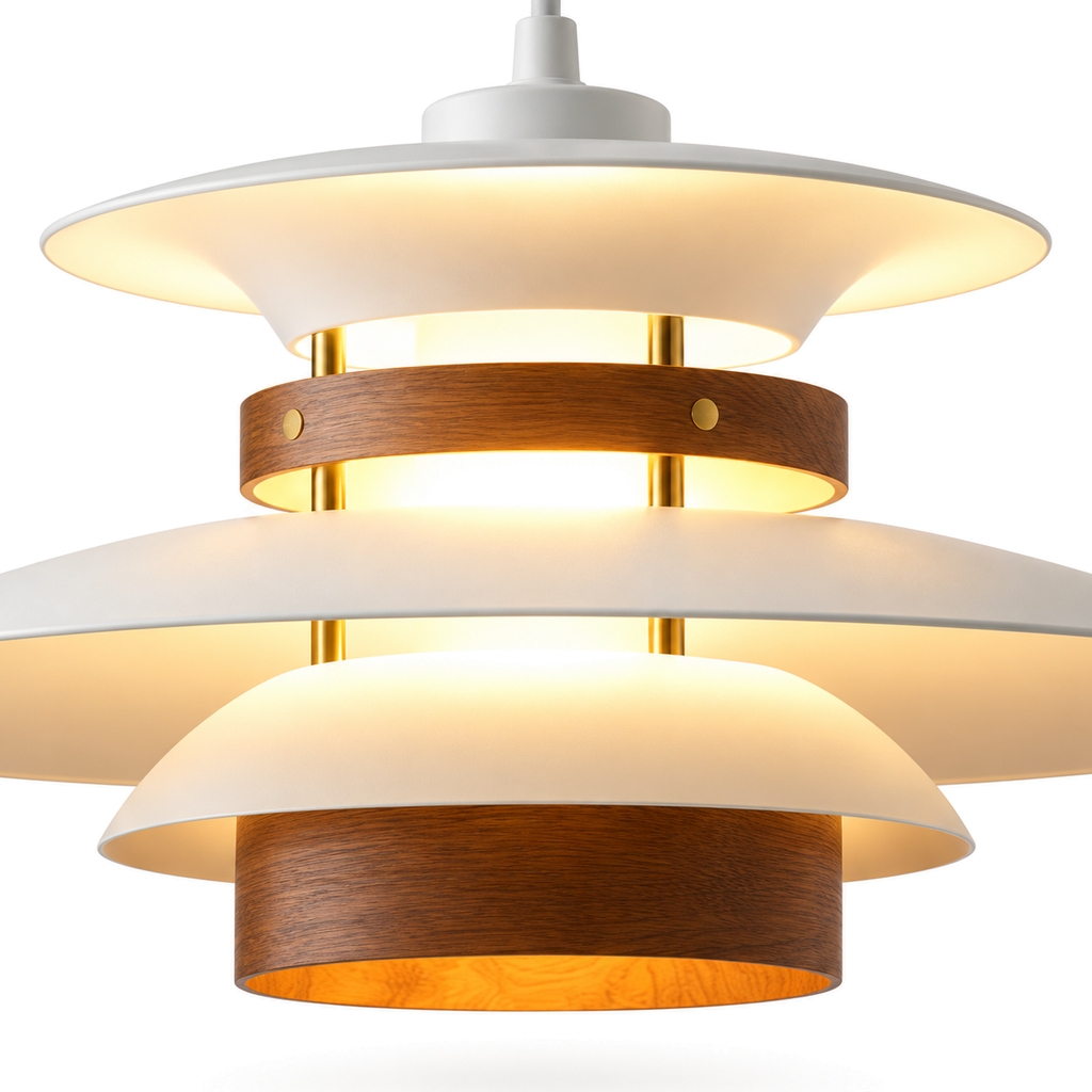 Layered Pendant Light | Danish-Style Tiers with Wood Bands, 35 or 42 cm, White, Cream or Black