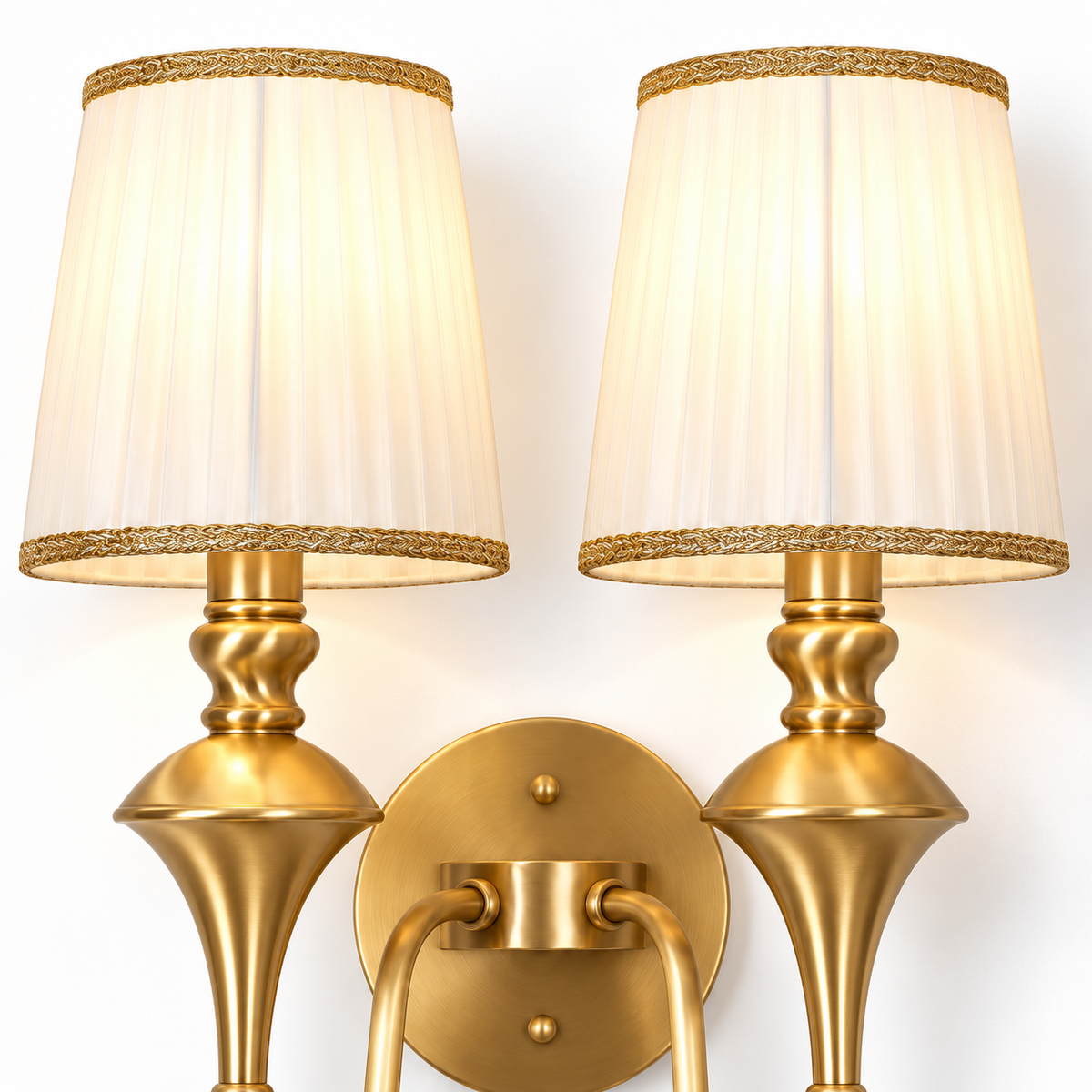 Brass Double Wall Light | Pleated Fabric Shades with Braided Trim, Twin E14, 38 x 46 cm