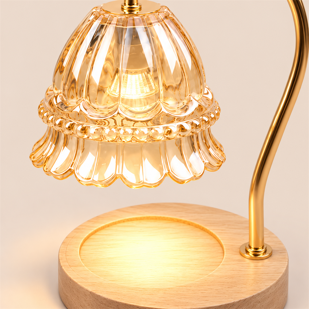Flower Glass Candle Warmer Lamp | Brass Arm & Wood Base, 5 Shade Colours