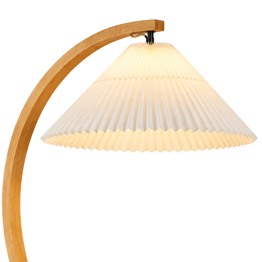 Pleated Arc Floor Lamp | Curved Beech Wood, 150 cm, White, Beige or Coffee Shade, Bulb Included