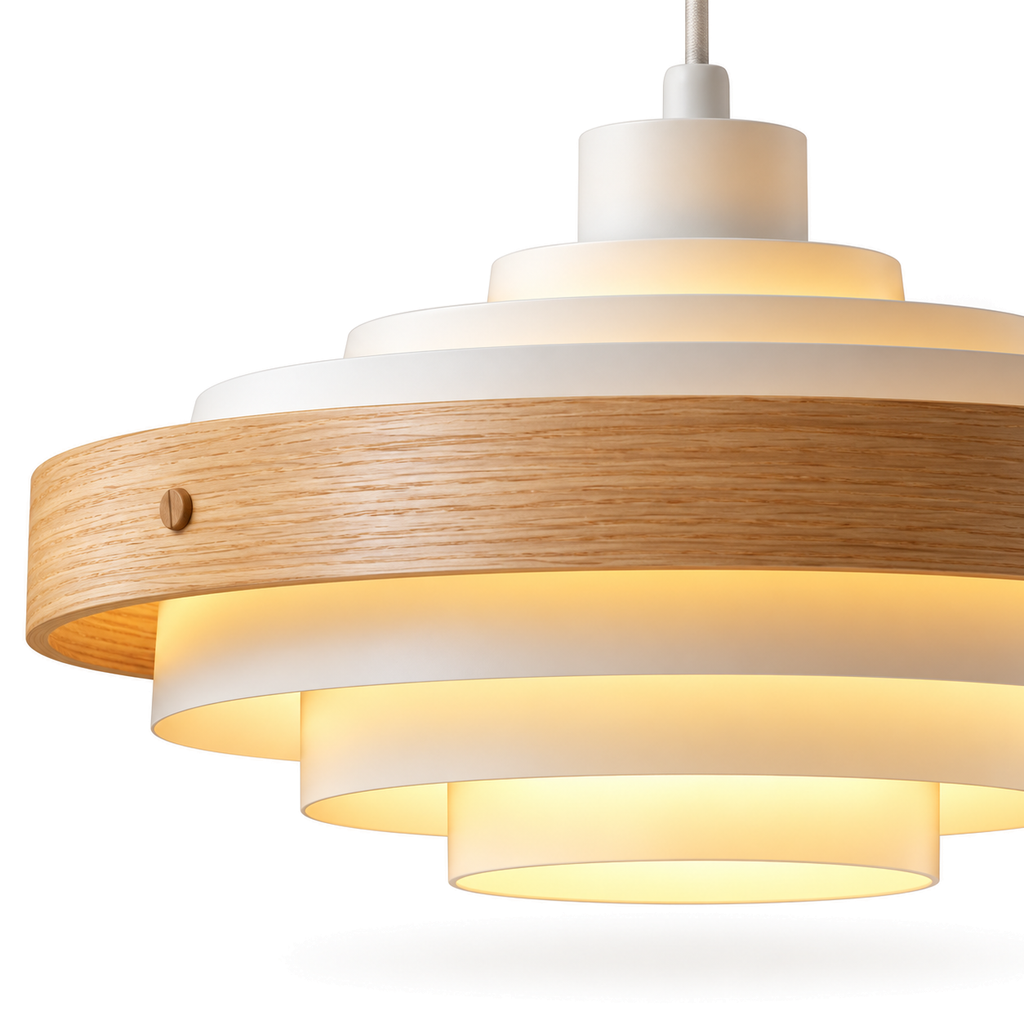 Tiered Pendant Light | Stepped Metal Shade with Wood Band, 40 cm, Walnut or Oak, Black or White