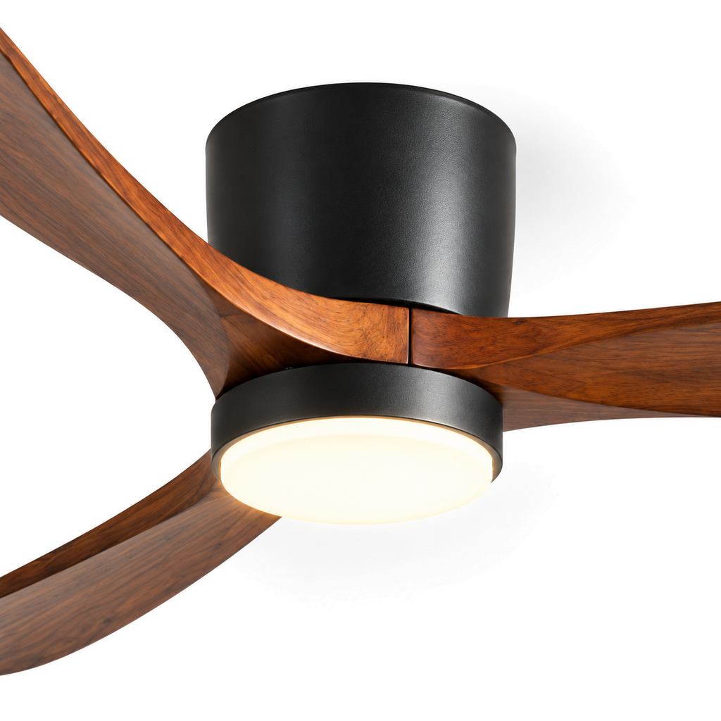 Low Profile Ceiling Fan with Light | 3 Wooden Blades, Remote, 108 or 132 cm, Black or White