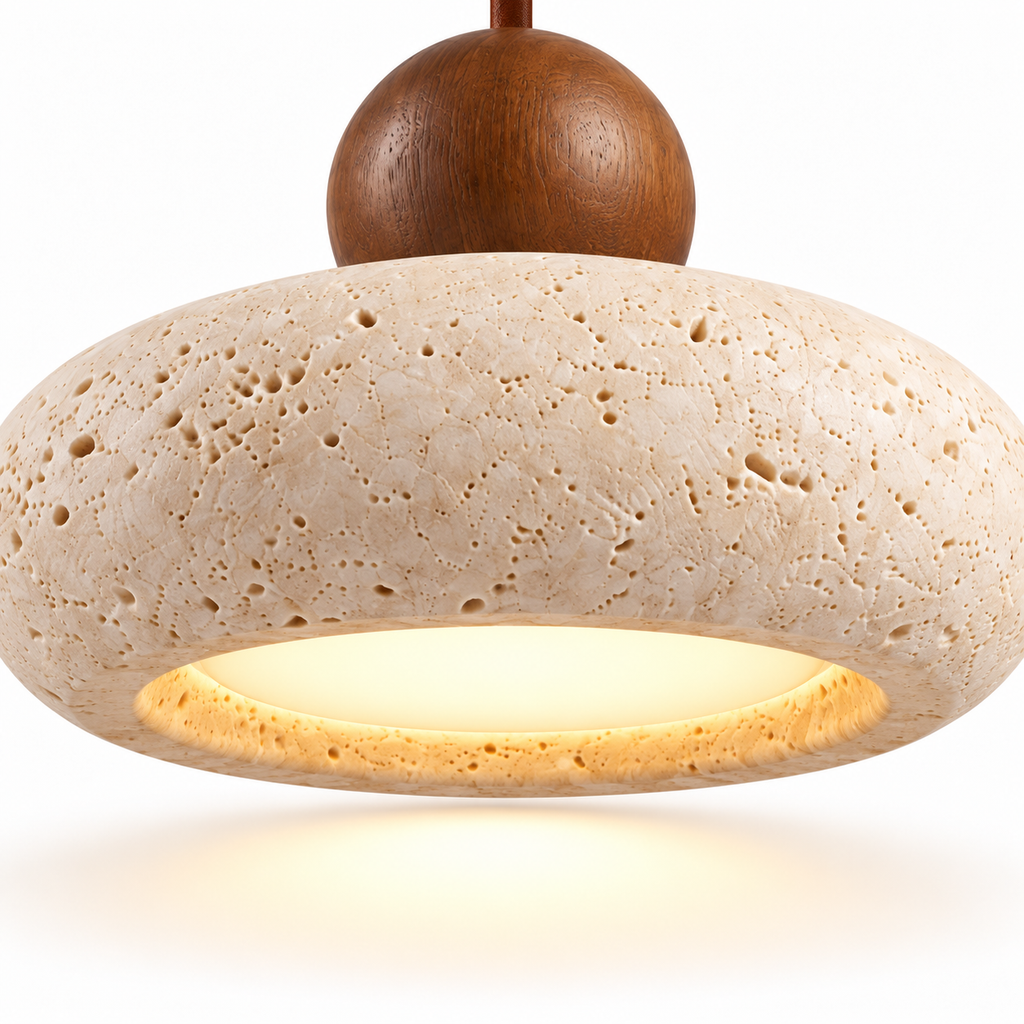 Travertine Donut Pendant Light | Natural Stone 15cm, Walnut or Light Wood, Wabi Sabi