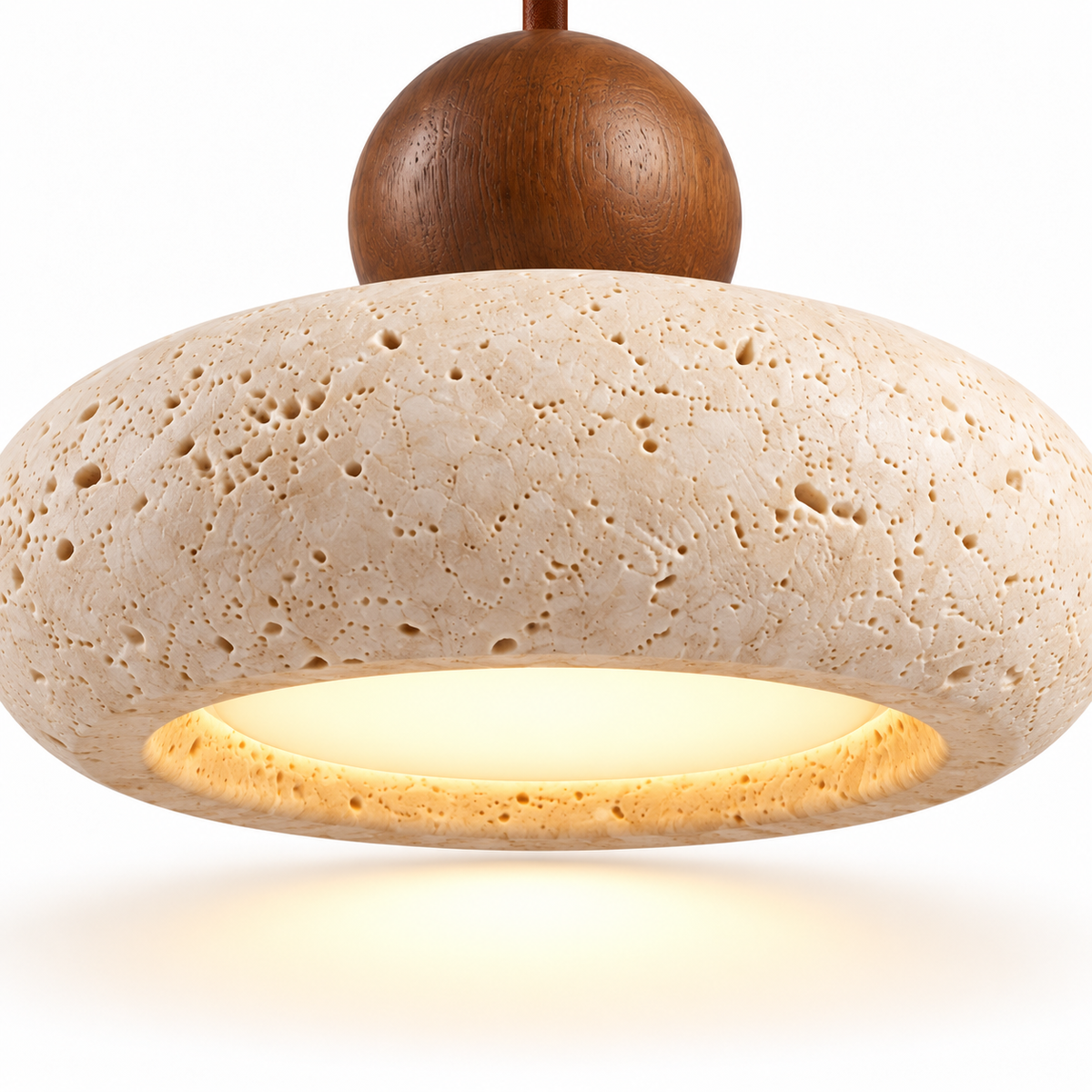 Travertine Donut Pendant Light | Natural Stone 15cm, Walnut or Light Wood, Wabi Sabi