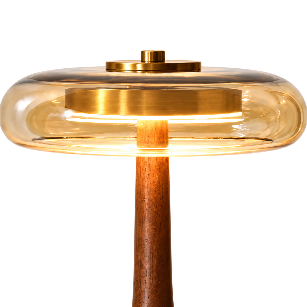 Amber Glass Table Lamp | Teardrop Wood Base & Brass Cap, 22 cm Shade, 24.5 or 31.5 cm Tall