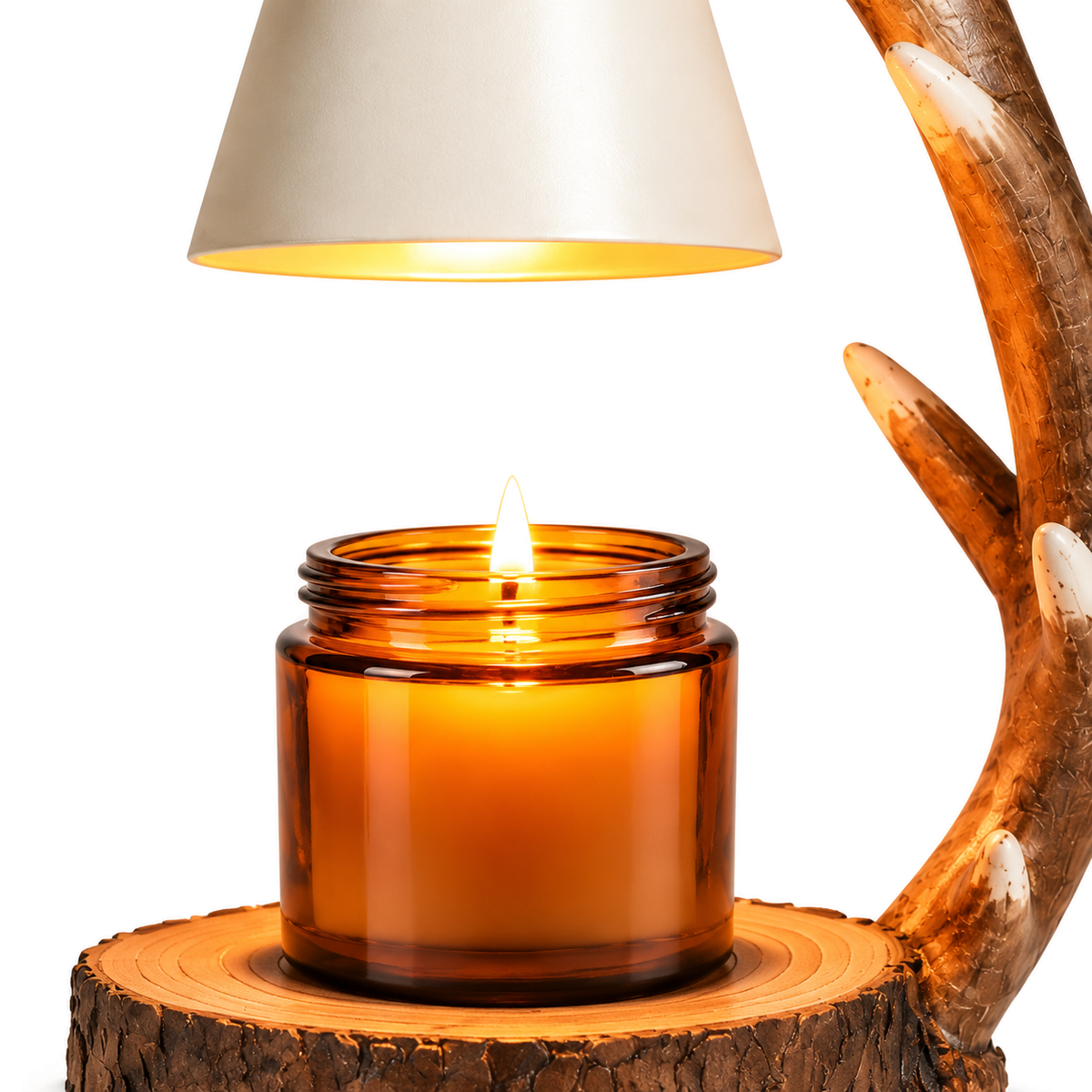 Antler Candle Warmer Lamp | Resin Antler Arm, Log Slice Base, Timer & Dimmer, UK Plug, Gift