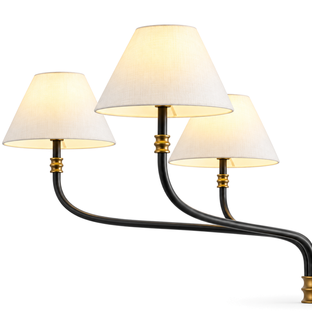 Black & Brass Chandelier | White Fabric Shades, 2 or 6 Arms, 130 cm Wide, Adjustable Rod