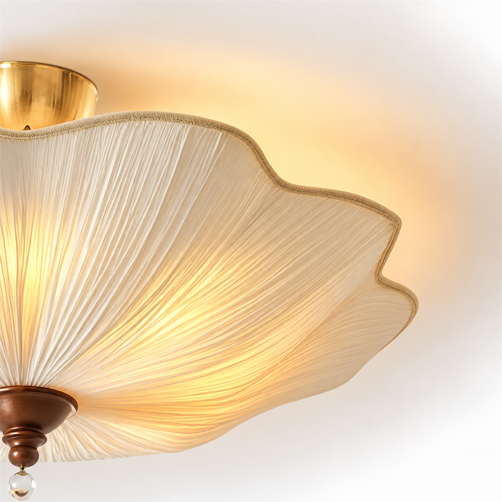 Pleated Scalloped Ceiling Light | Triple Semi-Flush Fabric Shade, 50/60 cm, Bedroom