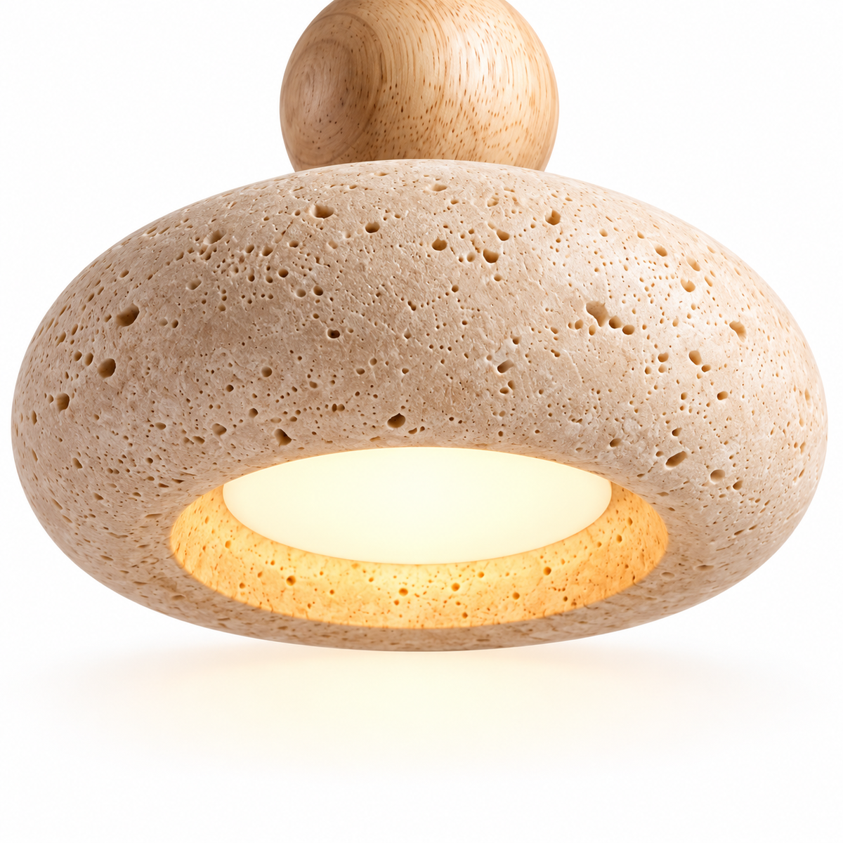 Travertine Donut Pendant Light | Natural Stone 15cm, Walnut or Light Wood, Wabi Sabi