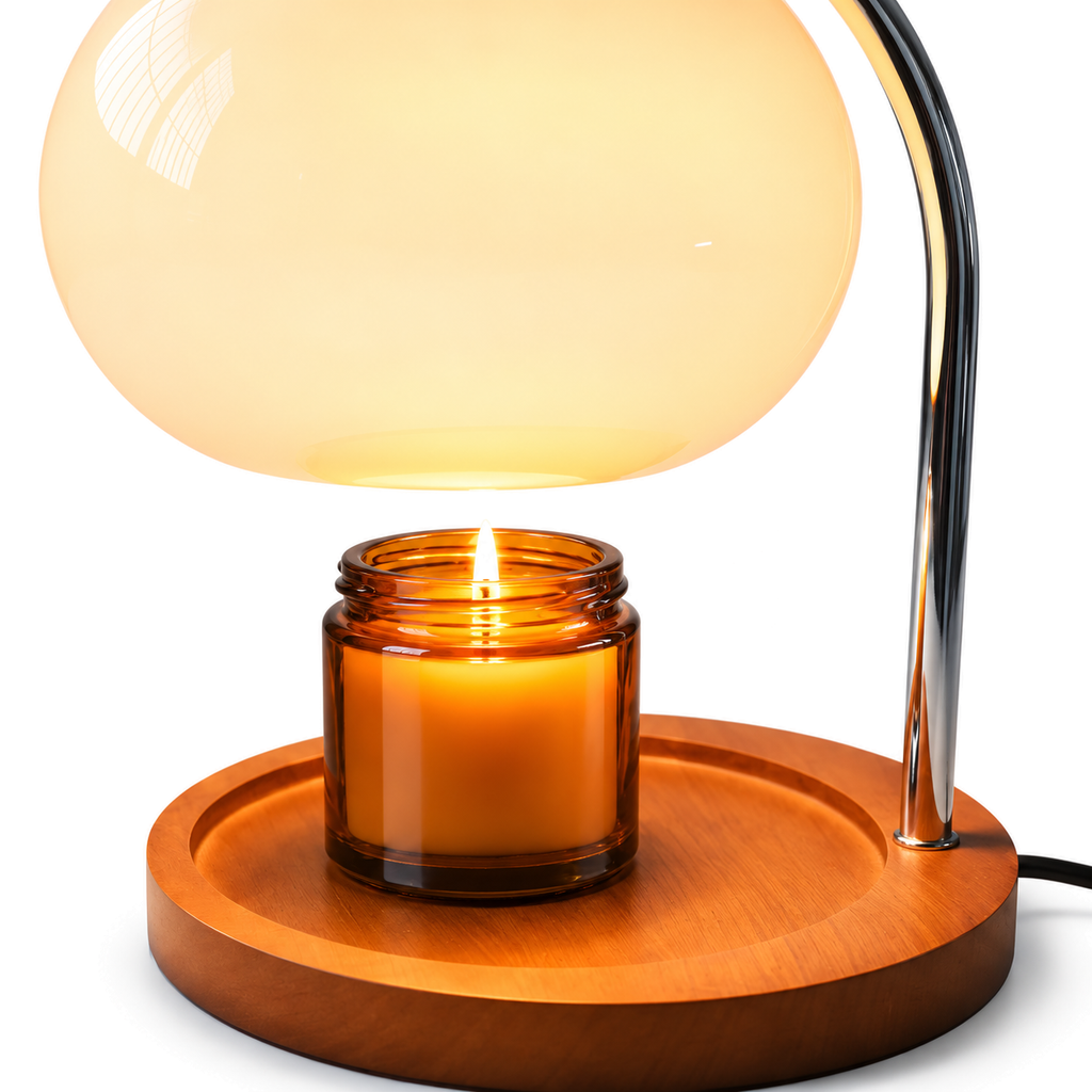 Retro Glass Candle Warmer Lamp | Dimmable Dome Shade, Wood Base, Milky White, Orange or Yellow
