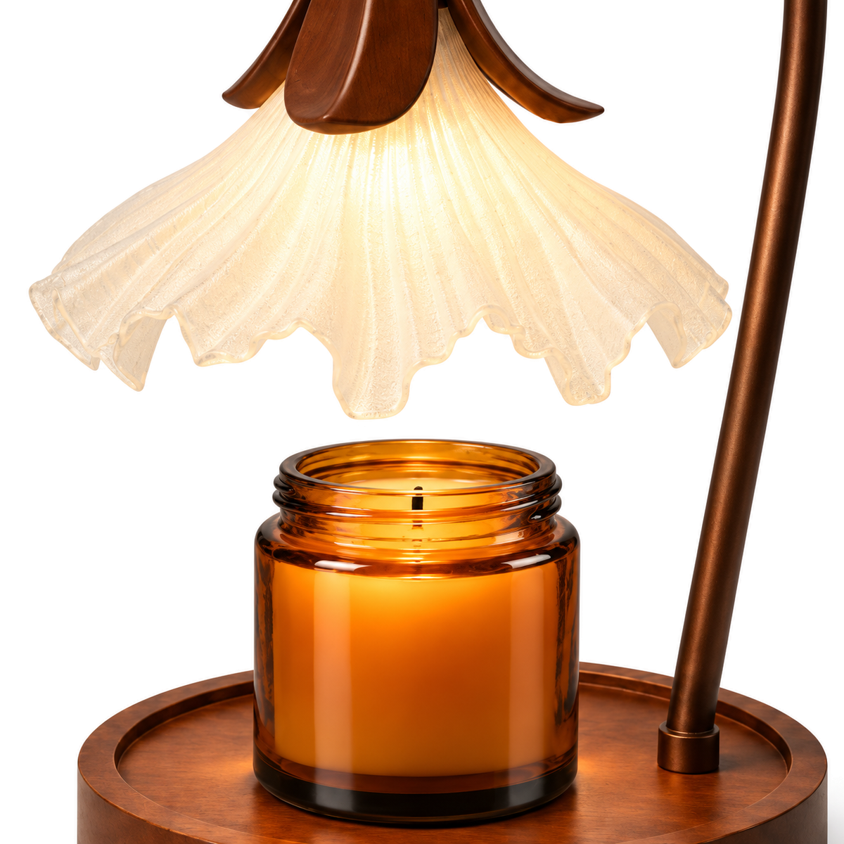 Flower Candle Warmer Lamp | Petal Shade, Curved Arm, Wood Base, 3-Colour Light, 36 cm, UK Plug